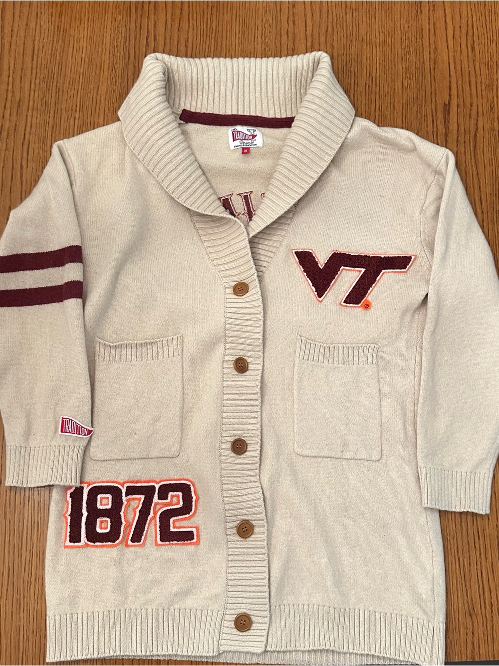 VT Embroidered Shawl-Collar Cardigan Sweater - Cream with Maroon Accents